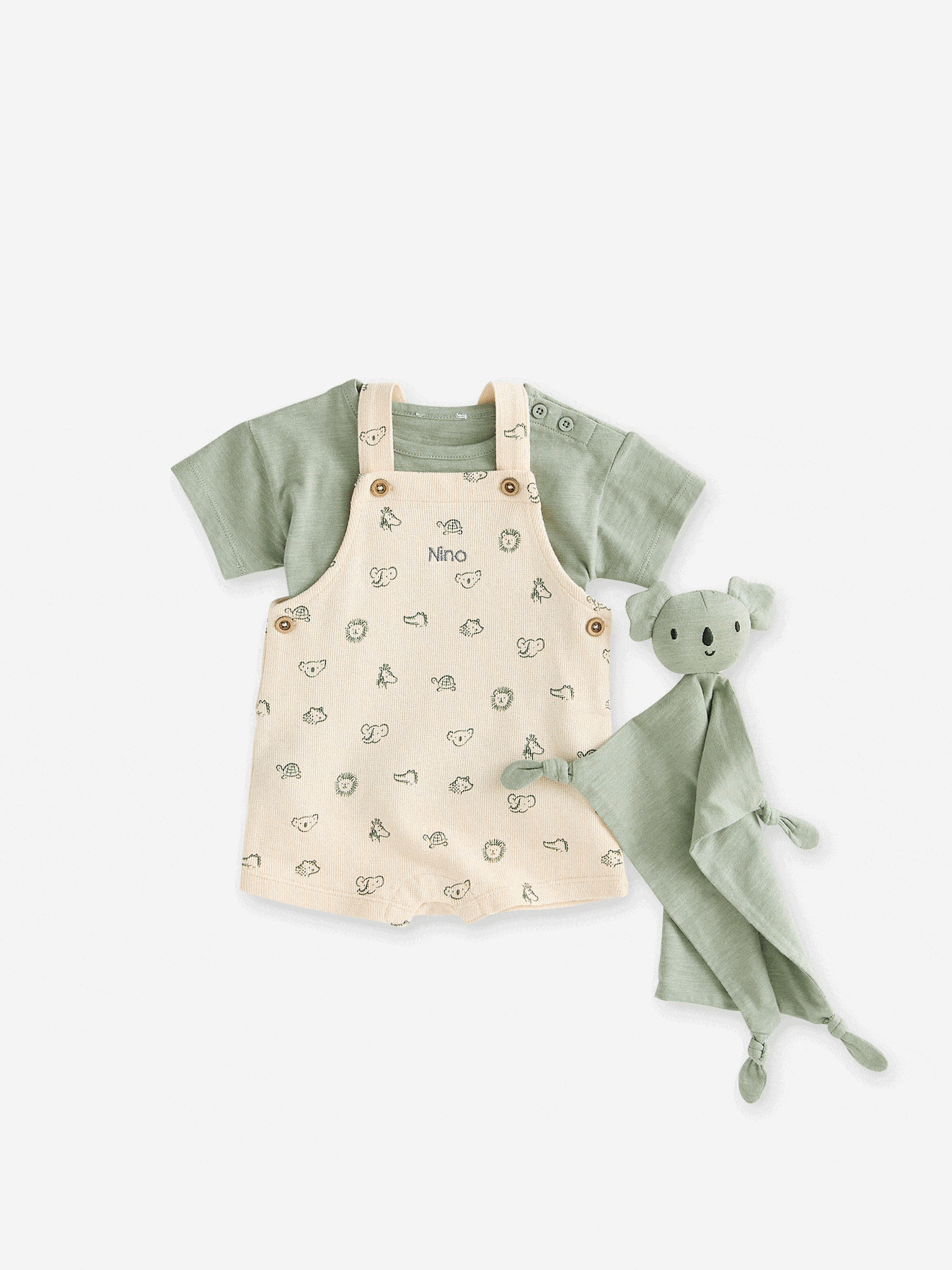 3-Piece Gift Set: T-Shirt + Dungarees + Comforter for Babies sage green