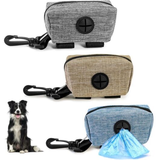 3-piece dog waste bag holder set, dispenser for dog waste bags. Holds 2-3 small rolls of pet waste bags. Also includes keychains and treats.