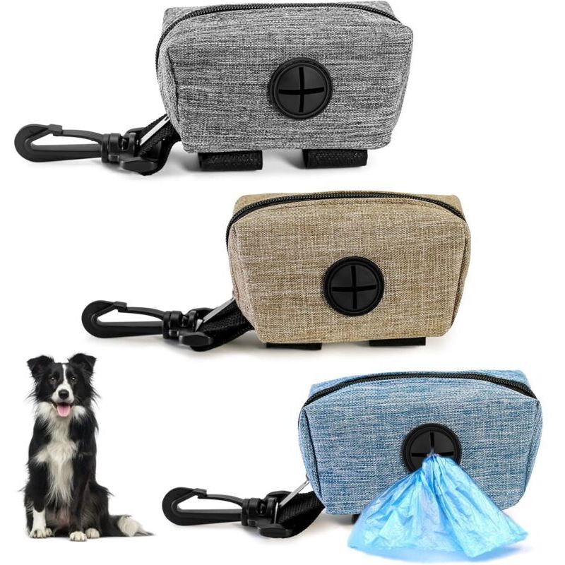 3-piece dog waste bag holder set, dispenser for dog waste bags. Holds 2-3 small rolls of pet waste bags. Also includes keychains and treats.