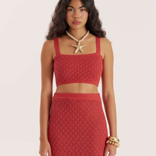 4th & Reckless Cotton Blend Textured Knit Crop Top Red