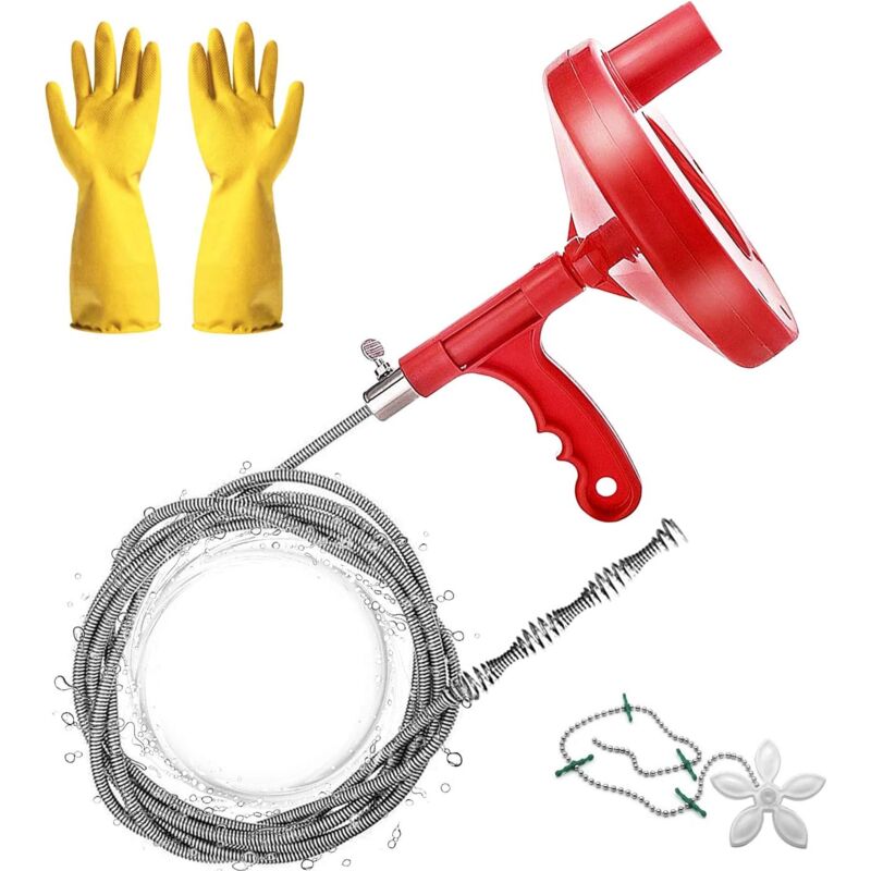 7m Hand Crank Unblocker, Ferret Unclog, Plumbing Snake Drain Auger, for for Kitchen/Sink/Bathtub Drain/Toilet, with Gloves and Shower Drain Protector