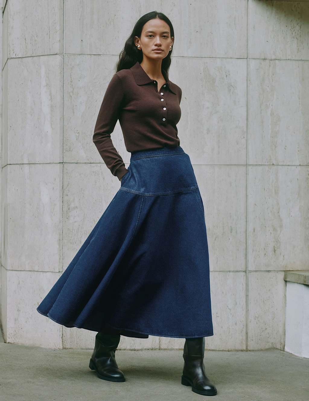 Albaray Cotton Blend Textured Top with Wool Chocolate