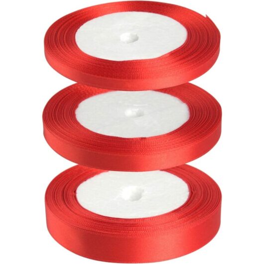 Aougo - Red Satin Ribbon Christmas Gift Ribbon 6mm 10mm 15mm Ribbons for Crafts Gift Wrapping Christmas Decorations (22m/roll x 3 rolls) (Red)