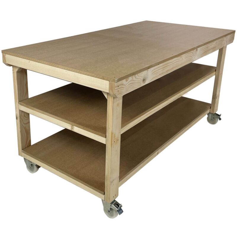 Arbor Garden Solutions - Workbench mdf top, large heavy-duty table (H-90cm, D-90cm, L-120cm) with wheels and double shelf