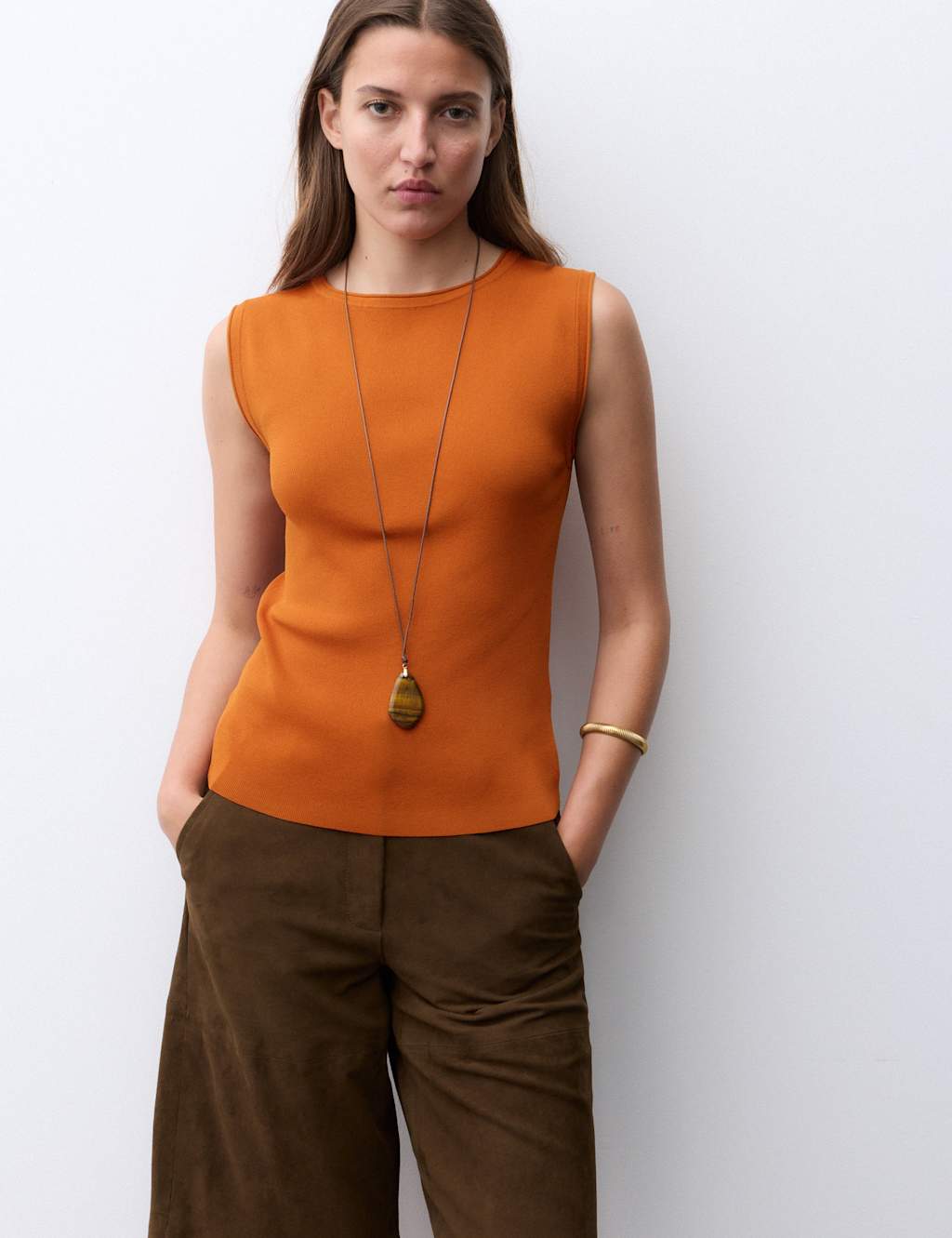 Autograph Crew Neck Fitted Knitted Vest Burnt Orange