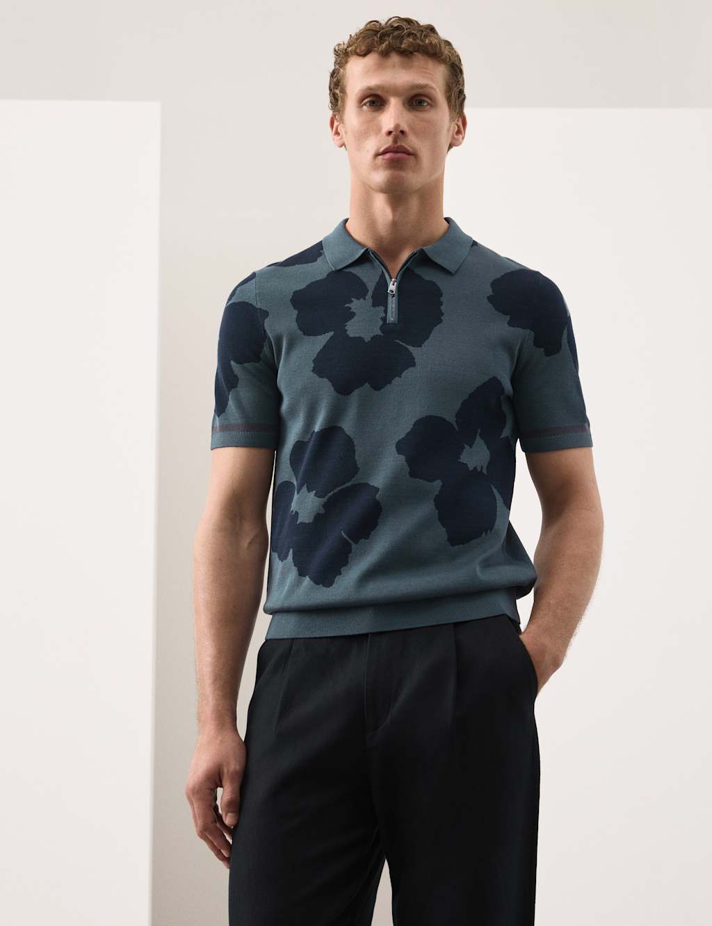 Autograph Mercerised Cotton Half Zip Knitted Polo Shirt Dark Petrol