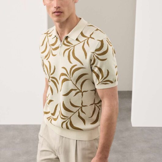 Autograph Mercerised Cotton Half Zip Knitted Polo Shirt Light Natural