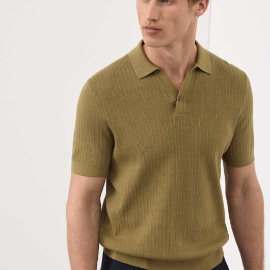 Autograph Mercerised Cotton Knitted Polo Shirt Khaki