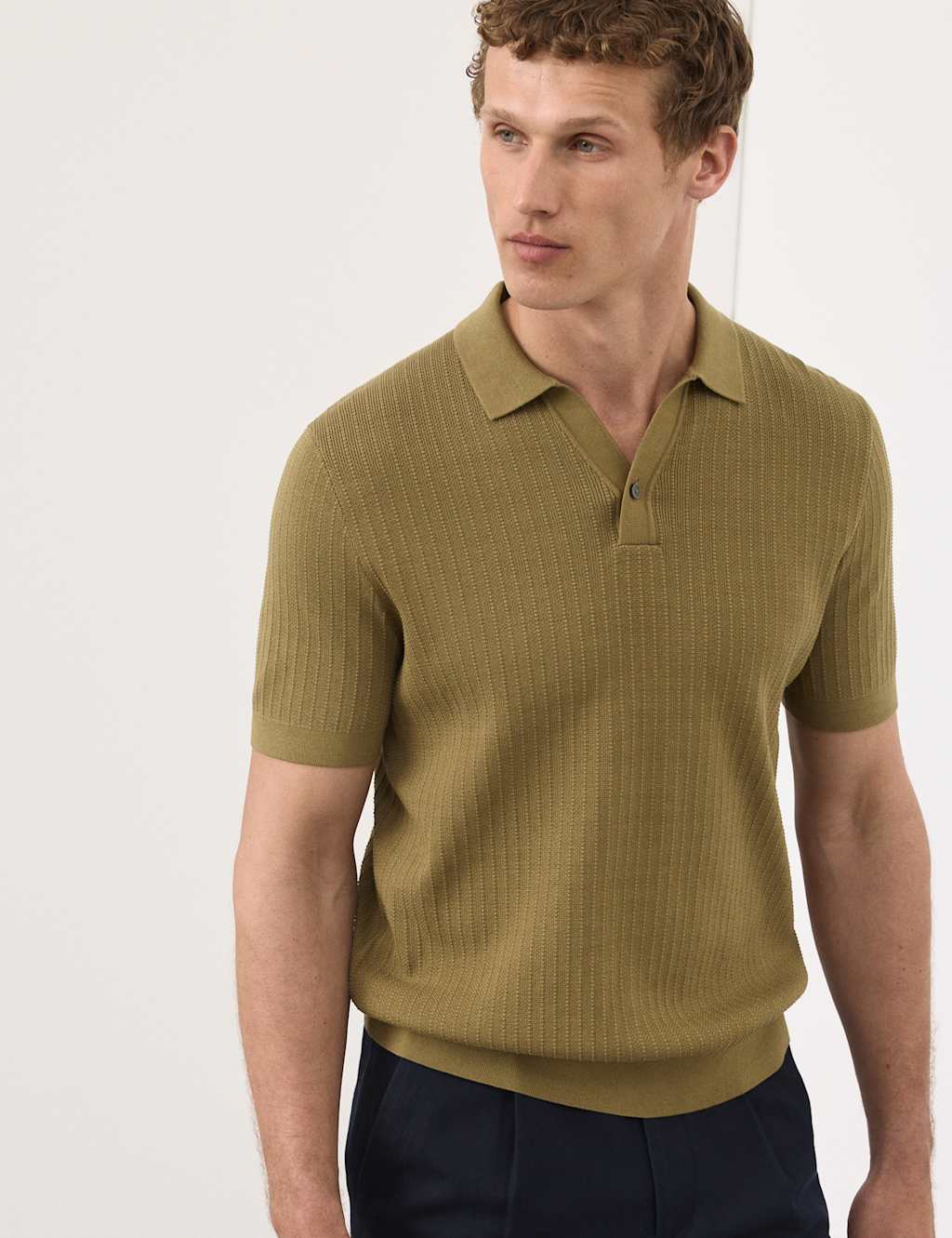 Autograph Mercerised Cotton Knitted Polo Shirt Khaki