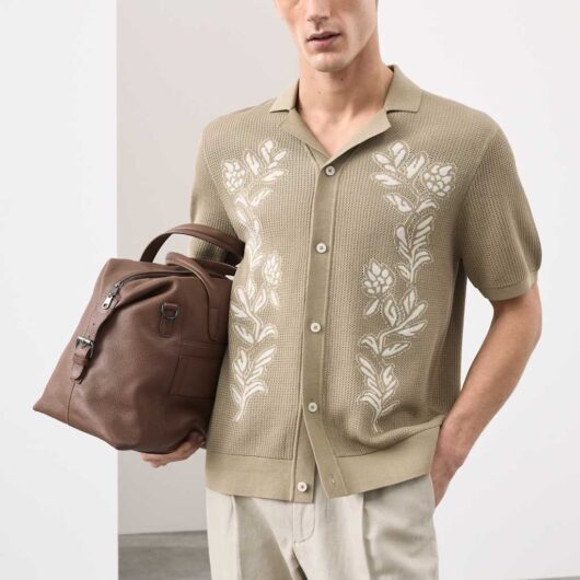 Autograph Pure Cotton Floral Knitted Polo Shirt Sand