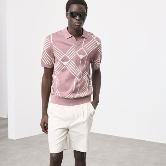 Autograph Pure Cotton Geometric Pattern Knitted Polo Dusted Pink