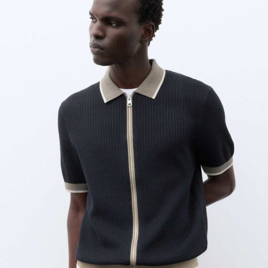 Autograph Pure Cotton Linear Stitch Zip Knitted Polo Dark Navy Mix