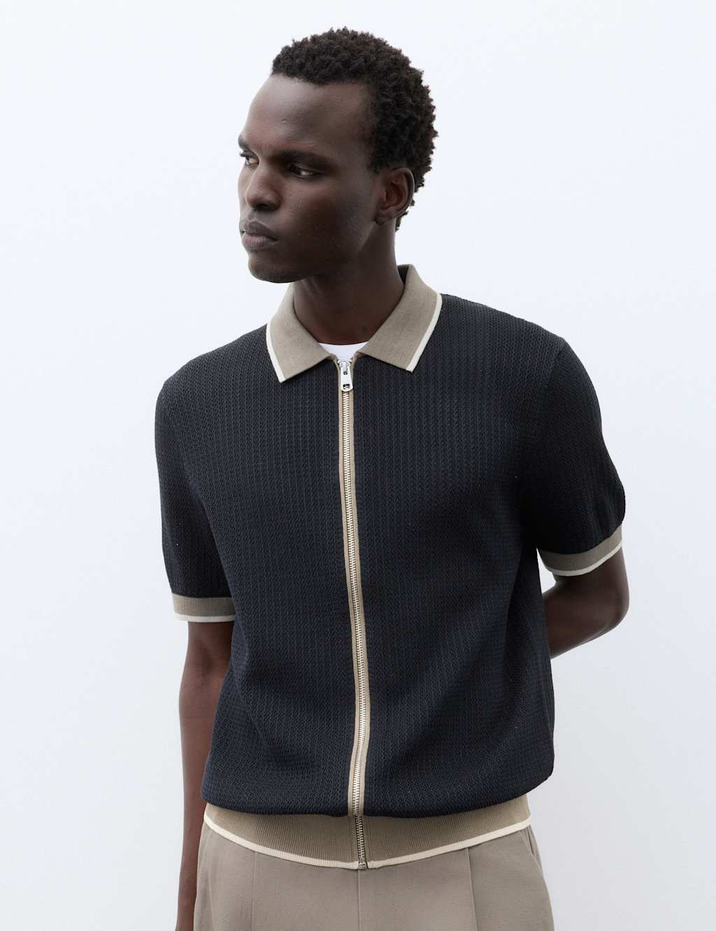 Autograph Pure Cotton Linear Stitch Zip Knitted Polo Dark Navy Mix
