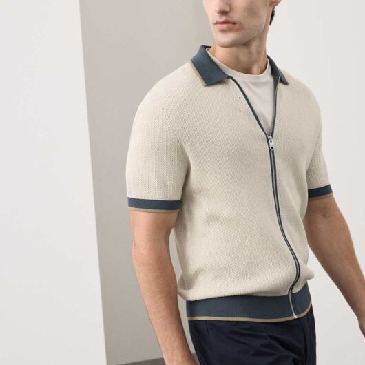 Autograph Pure Cotton Linear Stitch Zip Knitted Polo Light Natural