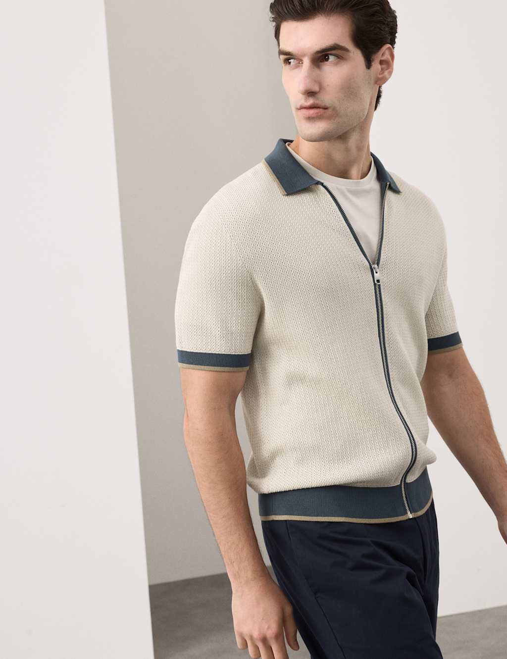 Autograph Pure Cotton Linear Stitch Zip Knitted Polo Light Natural