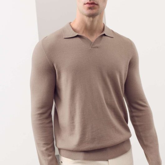 Autograph Pure Extra Fine Merino Wool Knitted Polo Shirt Cappuccino