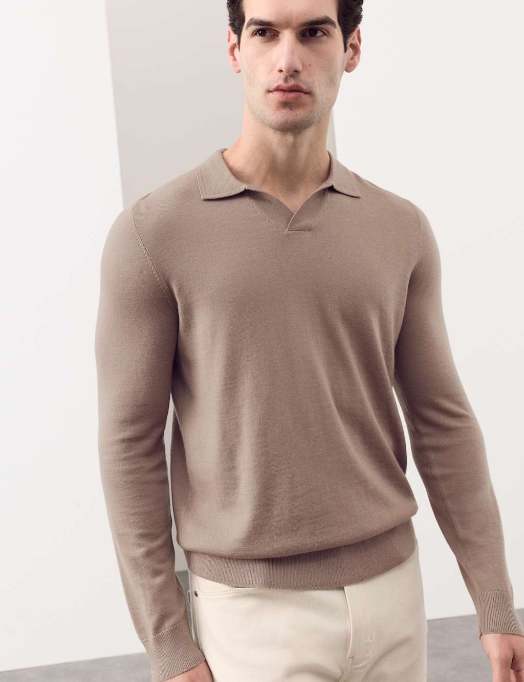 Autograph Pure Extra Fine Merino Wool Knitted Polo Shirt Cappuccino