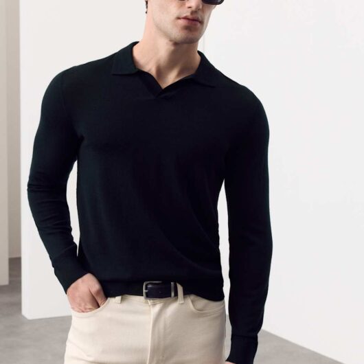 Autograph Pure Extra Fine Merino Wool Knitted Polo Shirt Dark Navy