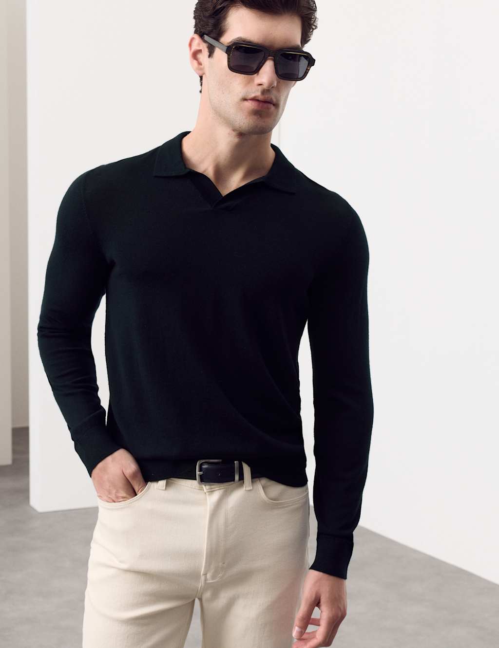 Autograph Pure Extra Fine Merino Wool Knitted Polo Shirt Dark Navy