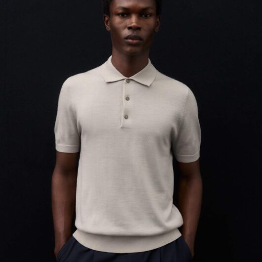Autograph Pure Extra Fine Merino Wool Knitted Polo Shirt Light Grey