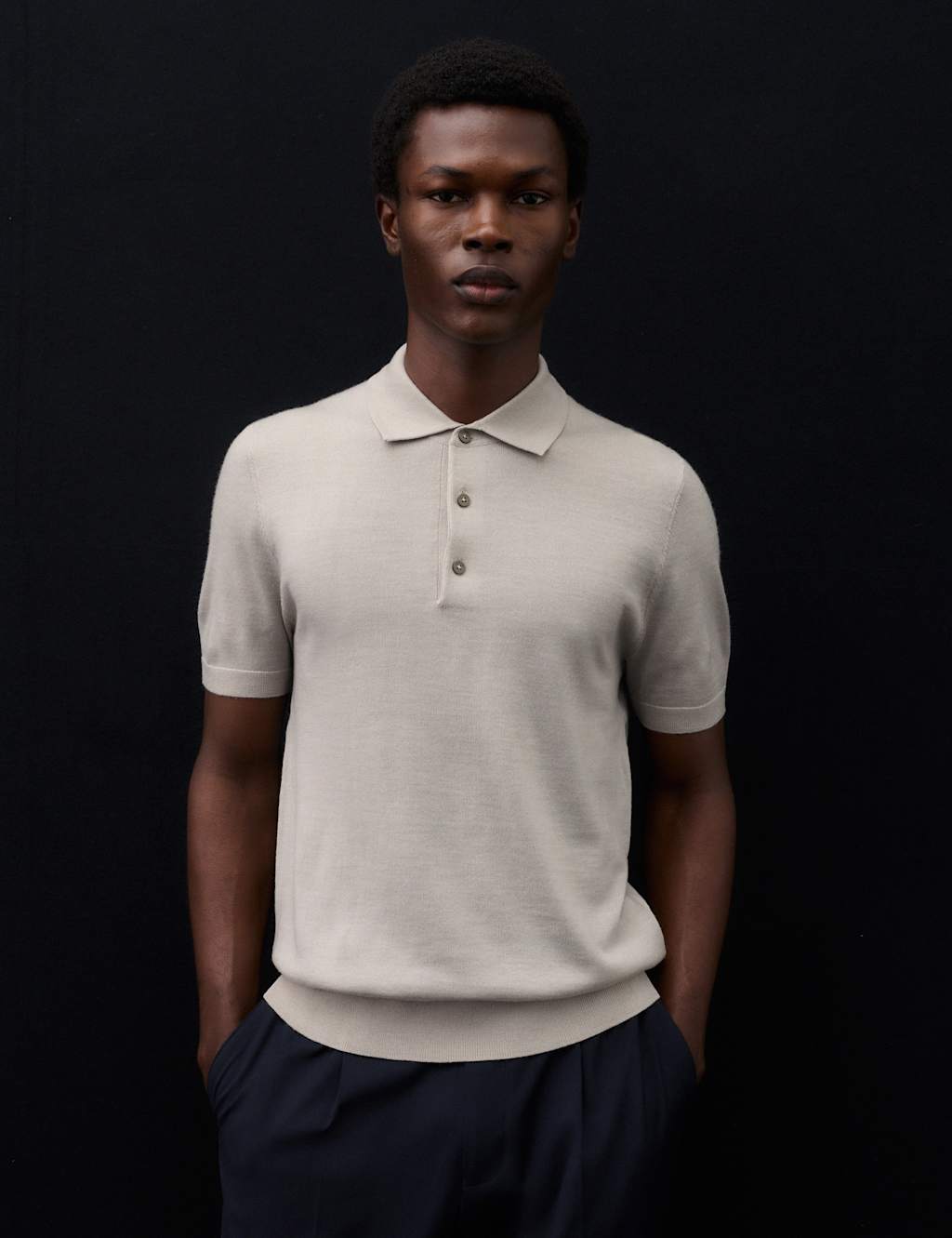 Autograph Pure Extra Fine Merino Wool Knitted Polo Shirt Light Grey