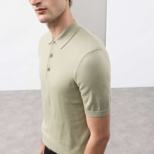 Autograph Pure Extra Fine Merino Wool Knitted Polo Shirt Light Olive