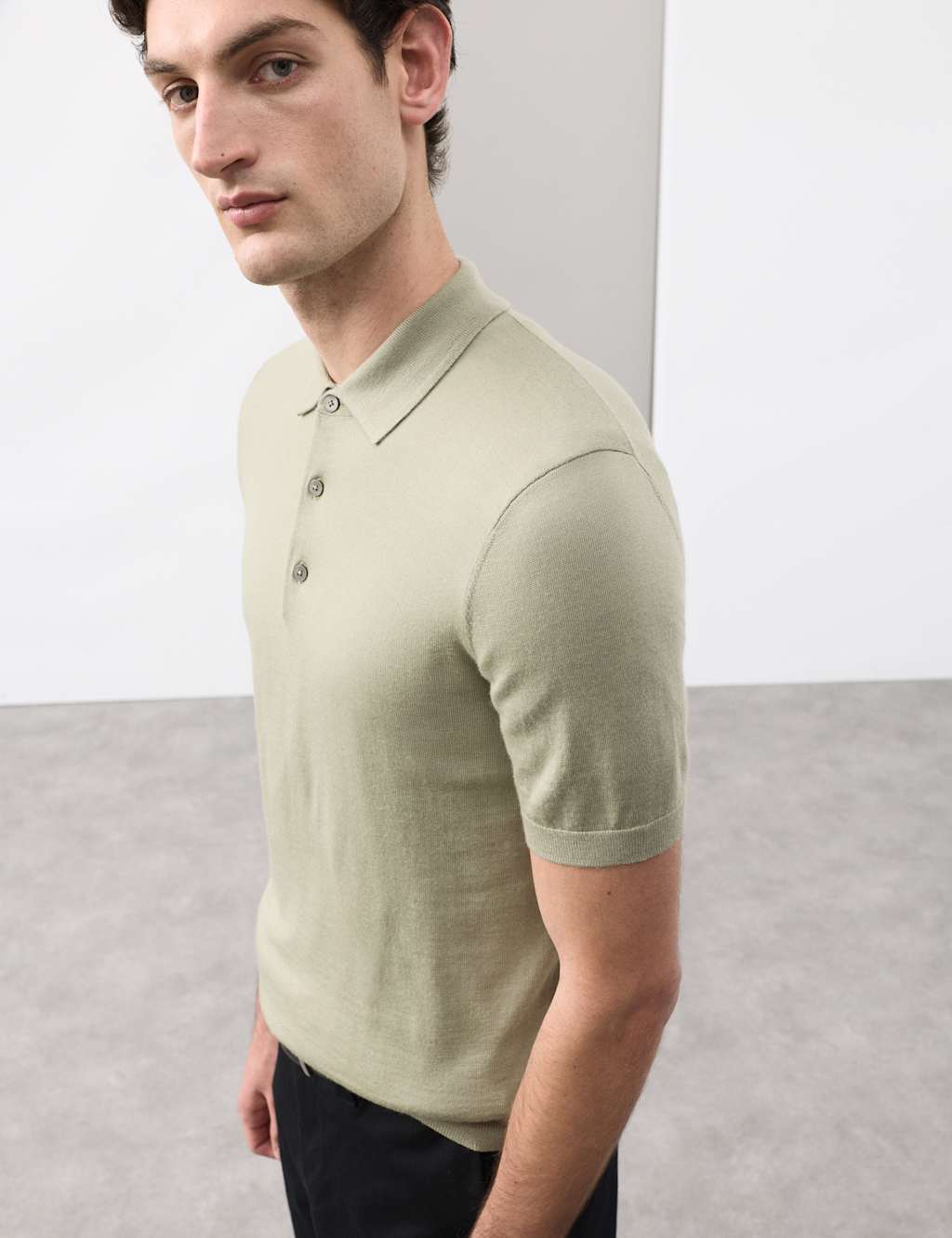Autograph Pure Extra Fine Merino Wool Knitted Polo Shirt Light Olive