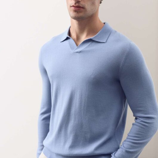 Autograph Pure Extra Fine Merino Wool Knitted Polo Shirt Smokey Blue