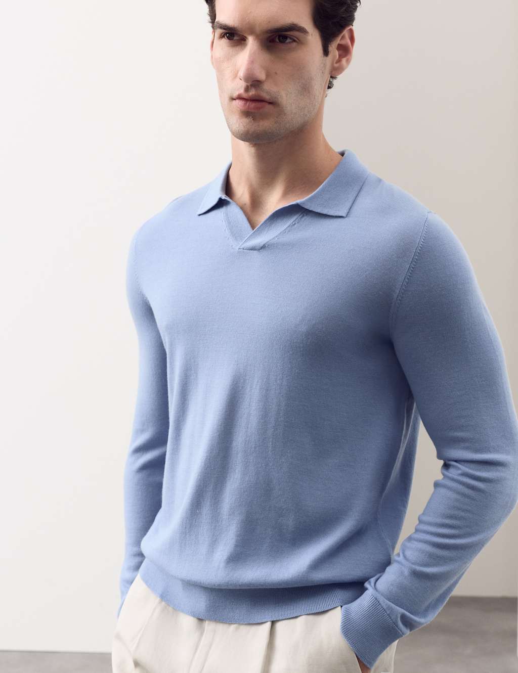 Autograph Pure Extra Fine Merino Wool Knitted Polo Shirt Smokey Blue