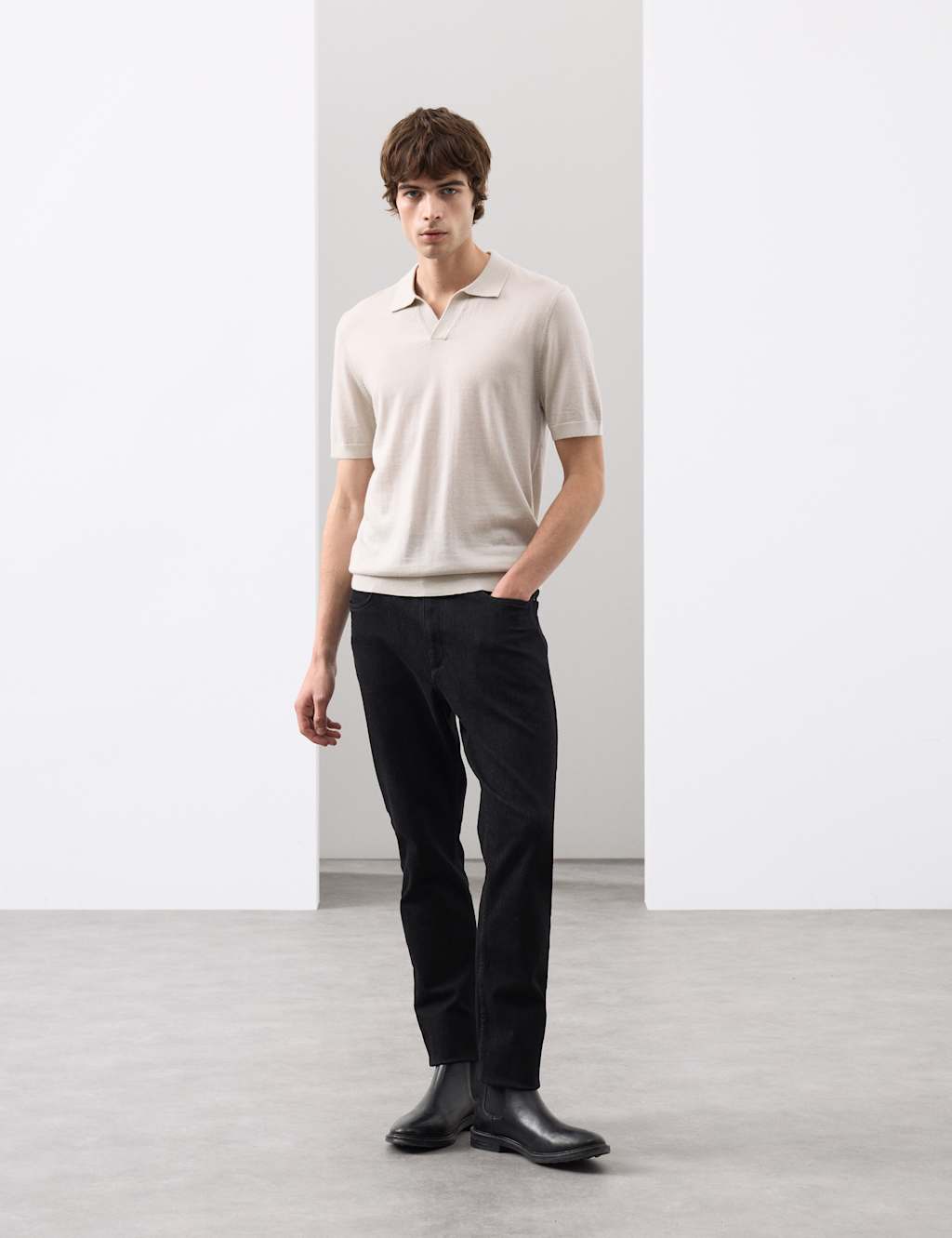 Autograph Pure Extra Fine Merino Wool Knitted Polo Shirt Stone