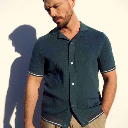 Autograph Tipped Button Through Revere Polo Shirt Dark Petrol