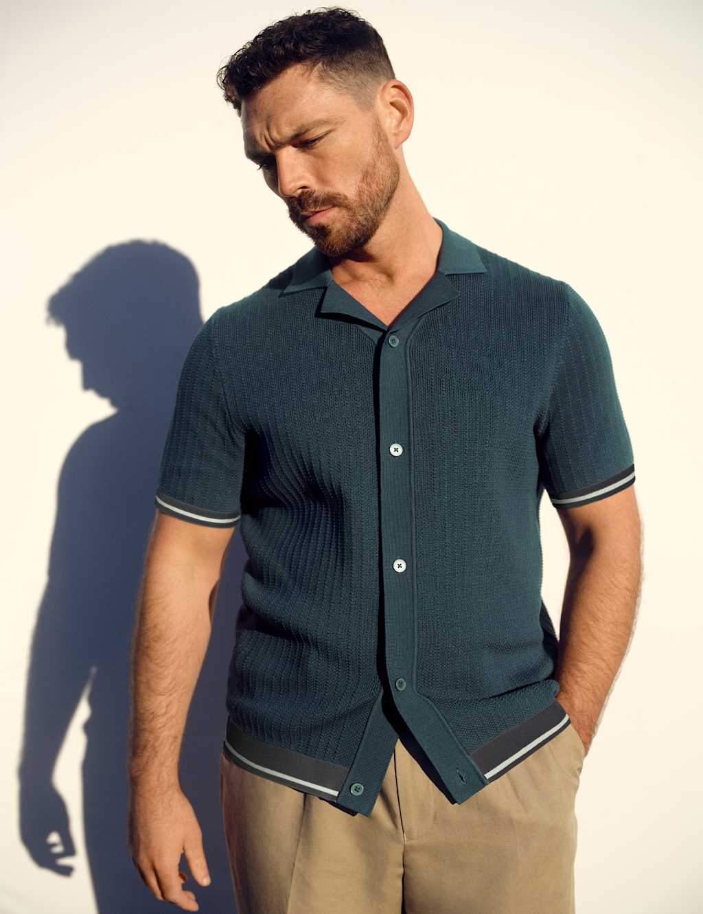 Autograph Tipped Button Through Revere Polo Shirt Dark Petrol
