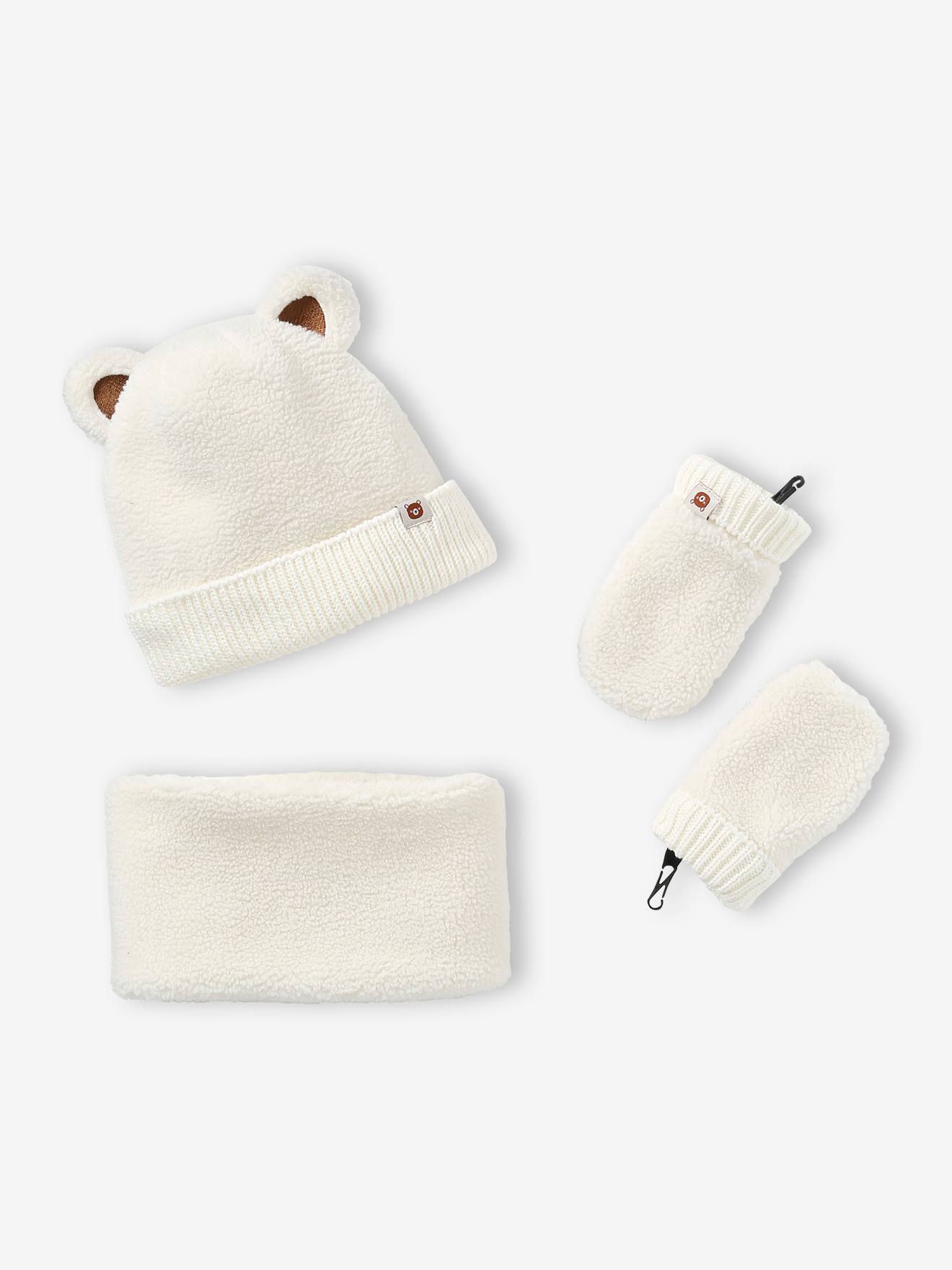 Bear Mood Combo for Babies: Hood + Snood + Mittens in Sherpa ecru