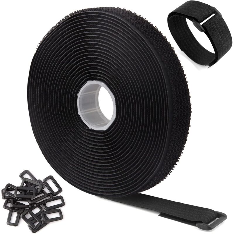 CCYKXA 5m Black Adjustable Reusable Cable Ties/Straps with 25 Loops and Hook Fastener for Cable Management (5m x 2cm, Black)