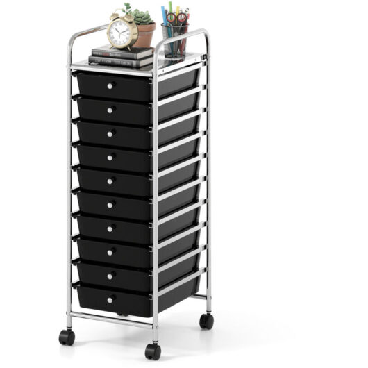 COSTWAY 10-Drawer Rolling Storage Cart Utility Cart with Metal Frame Black