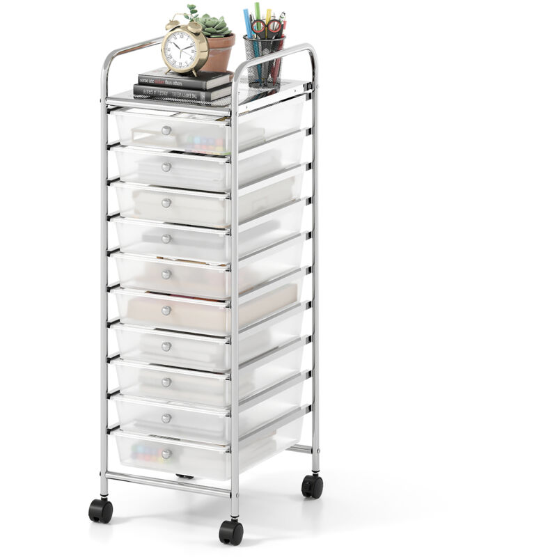 COSTWAY 10-Drawer Rolling Storage Cart Utility Cart with Metal Frame Clear