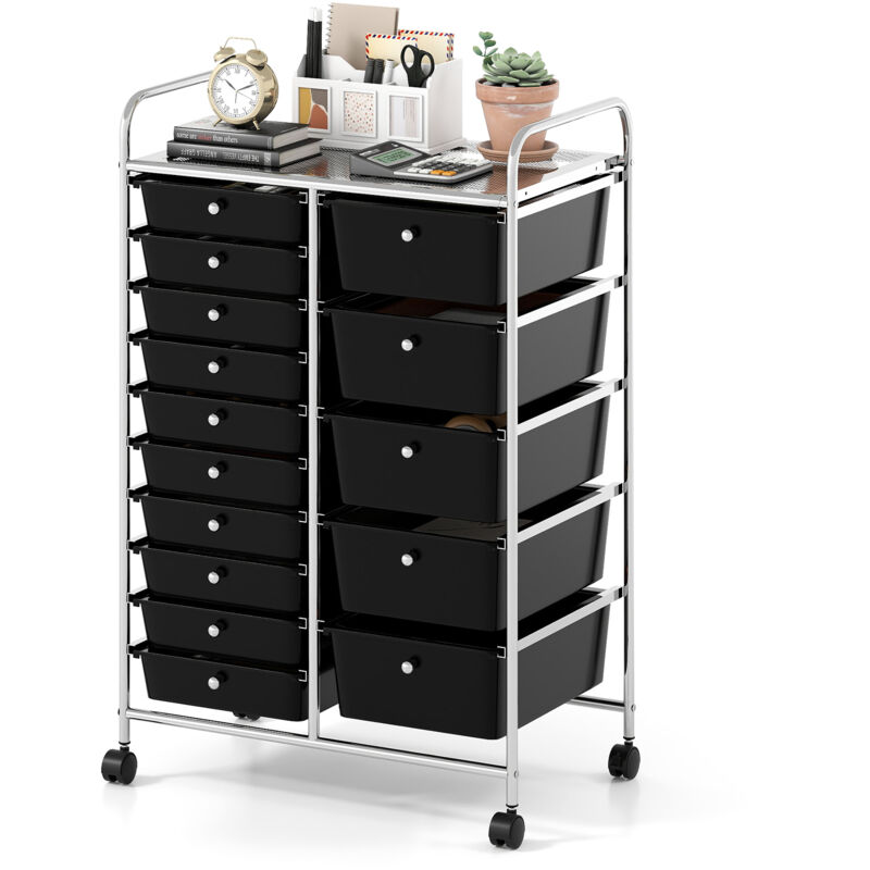 COSTWAY 15-Drawer Rolling Storage Cart Utility Cart with Metal Frame Black