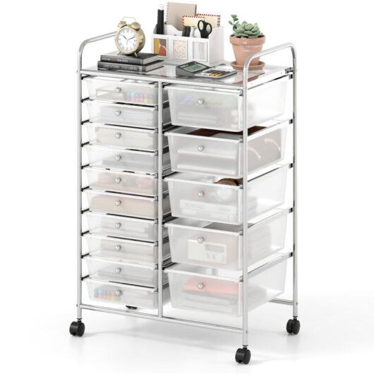 COSTWAY 15-Drawer Rolling Storage Cart Utility Cart with Metal Frame Clear