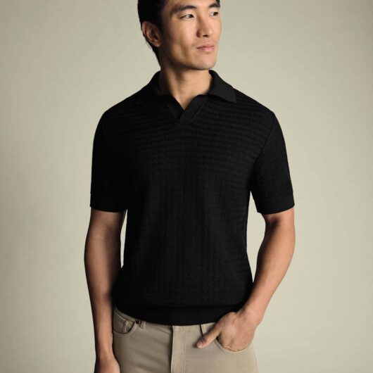 Charles Tyrwhitt Pure Cotton Textured Knitted Polo Shirt Black