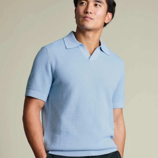 Charles Tyrwhitt Pure Cotton Textured Knitted Polo Shirt Blue