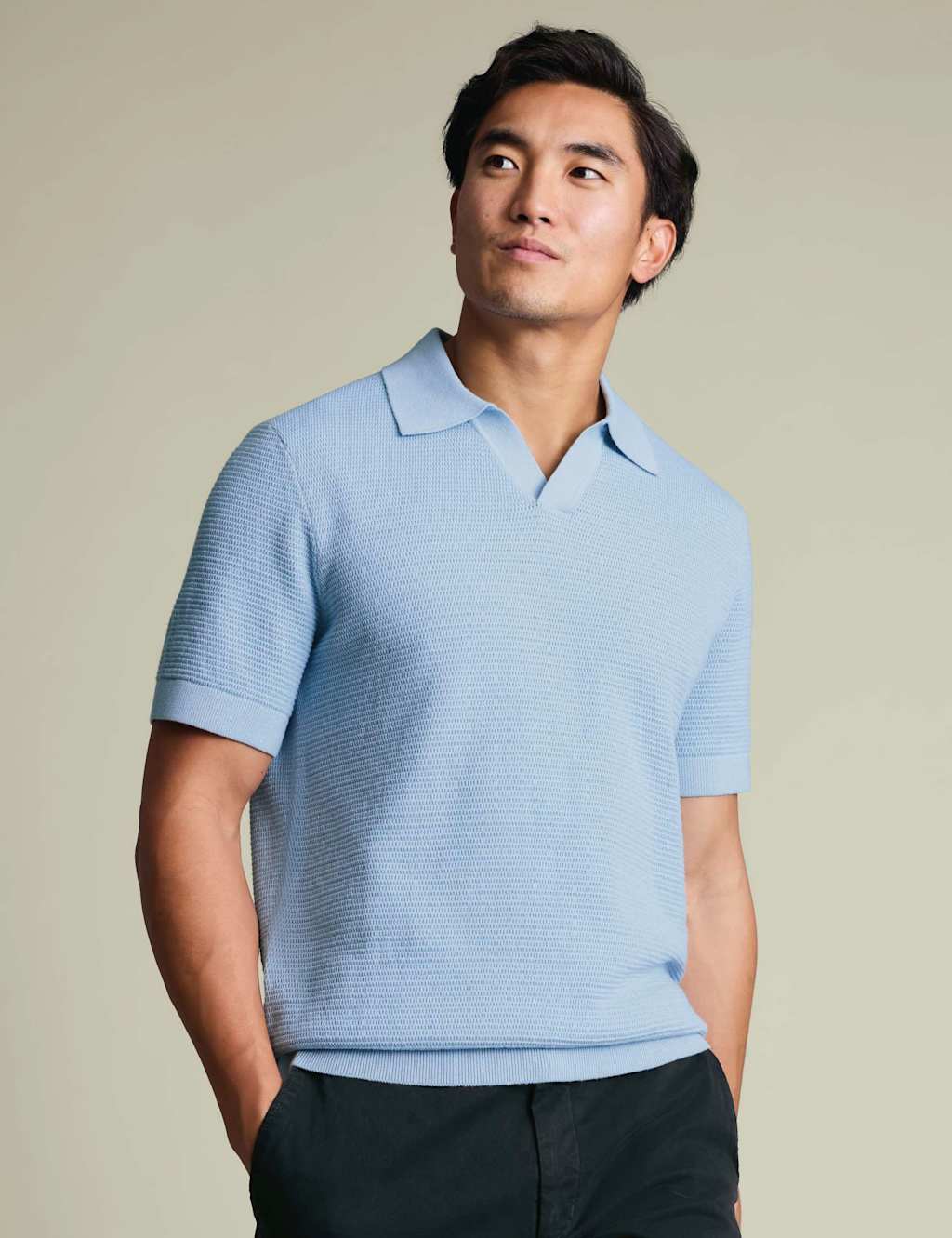 Charles Tyrwhitt Pure Cotton Textured Knitted Polo Shirt Blue