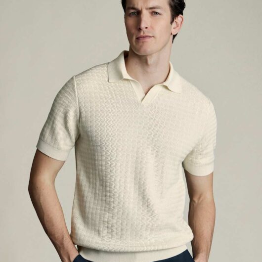 Charles Tyrwhitt Pure Cotton Textured Knitted Polo Shirt Cream Mix