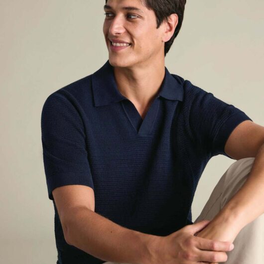 Charles Tyrwhitt Pure Cotton Textured Knitted Polo Shirt Navy