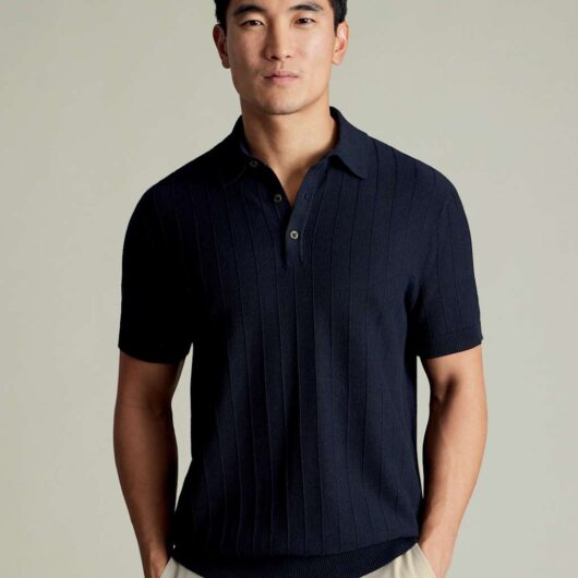Charles Tyrwhitt Pure Cotton Textured Knitted Polo Shirt Navy Mix