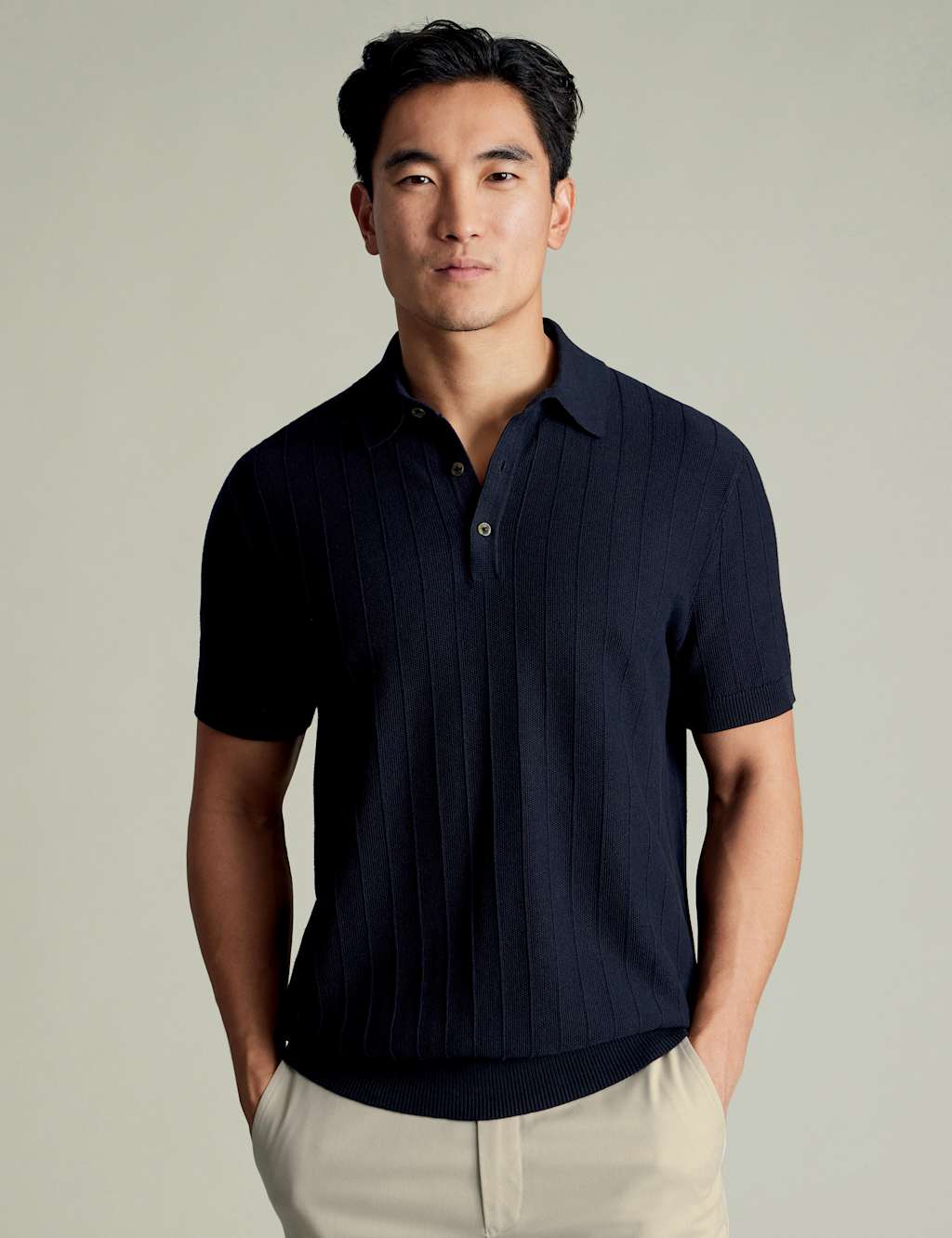 Charles Tyrwhitt Pure Cotton Textured Knitted Polo Shirt Navy Mix