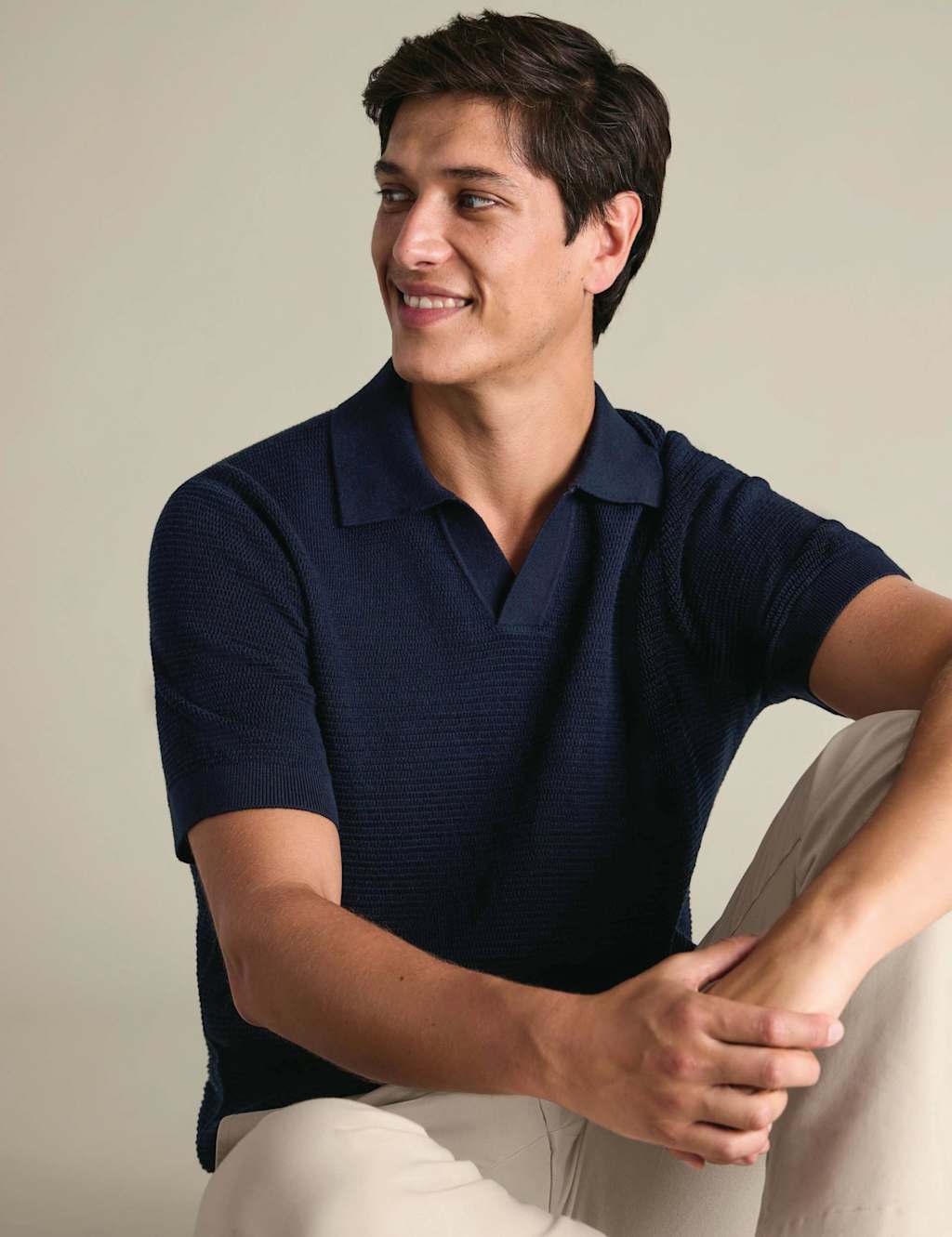 Charles Tyrwhitt Pure Cotton Textured Knitted Polo Shirt Navy