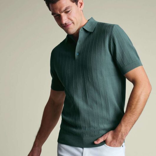 Charles Tyrwhitt Pure Cotton Textured Knitted Polo Shirt Teal Green
