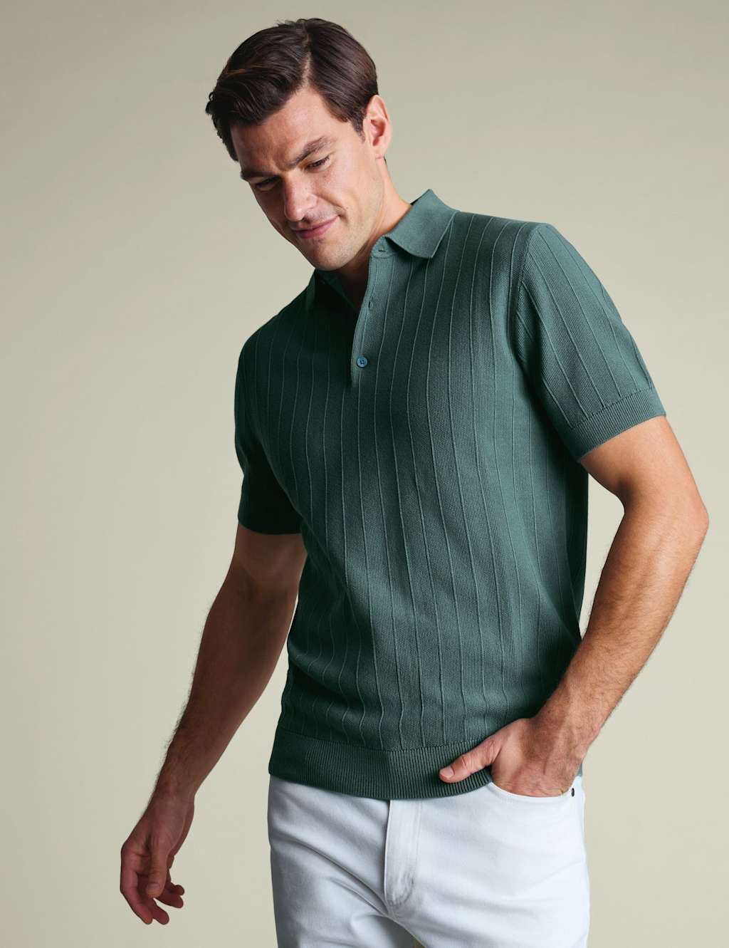 Charles Tyrwhitt Pure Cotton Textured Knitted Polo Shirt Teal Green