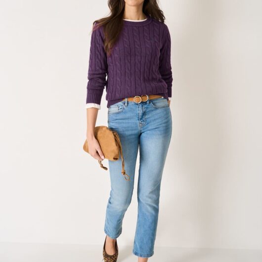 Crew Clothing Cotton Rich Cable Knit Crew Neck Jumper Dark Purple