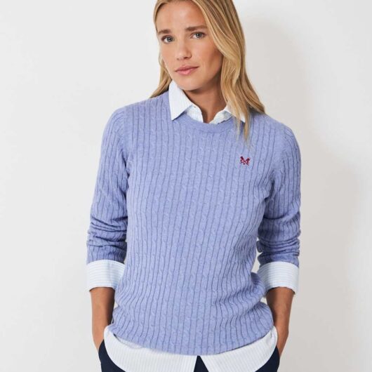 Crew Clothing Cotton Rich Cable Knit Crew Neck Jumper Light Blue